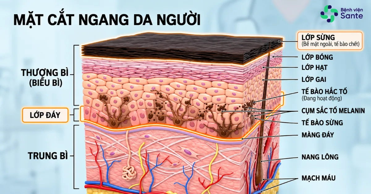 Sơ đồ giải phẫu tế bào hắc tố melanocyte tại lớp màng đáy và trung bì da