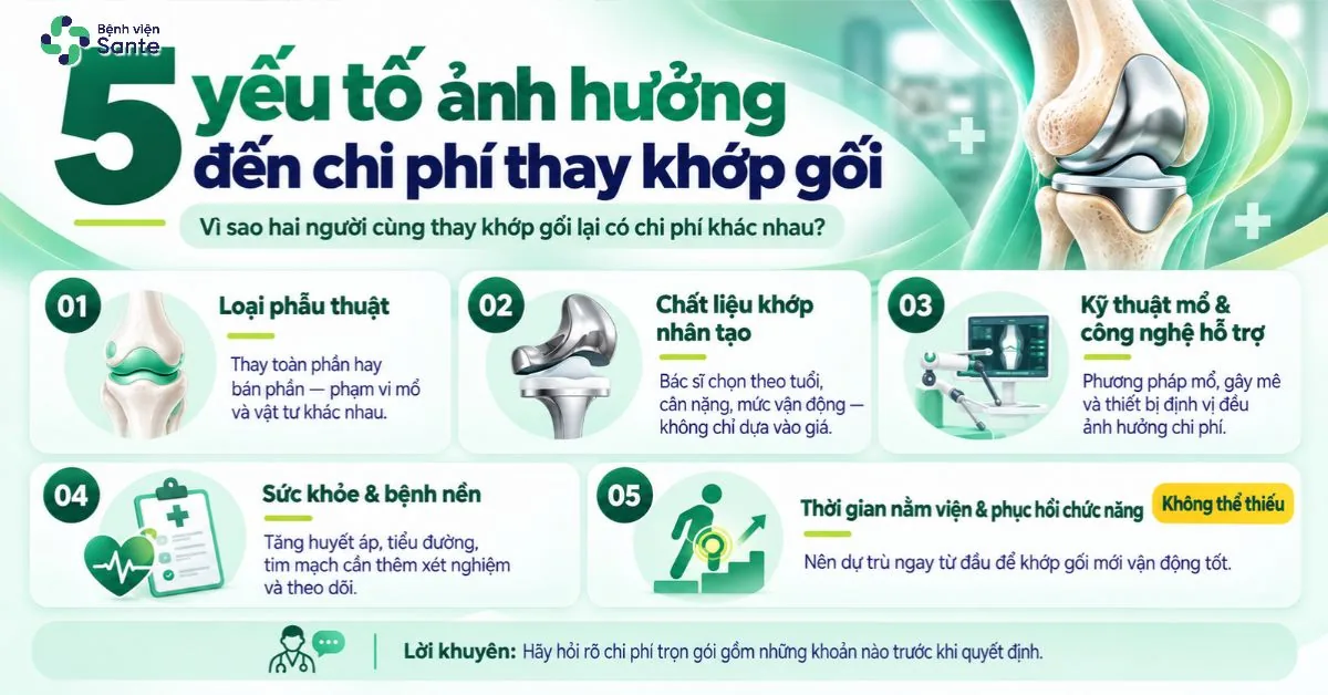 Bệnh viện Sante - Thay Khớp Gối Hết Bao Nhiêu Tiền? Chi Phí Và Mức BHYT Chi Trả 2026 (Hình 2) Infographic: 5 key factors determining the total cost of knee replacement, including surgical type, implant materials, surgical technique, pre-existing medical conditions, and rehabilitation