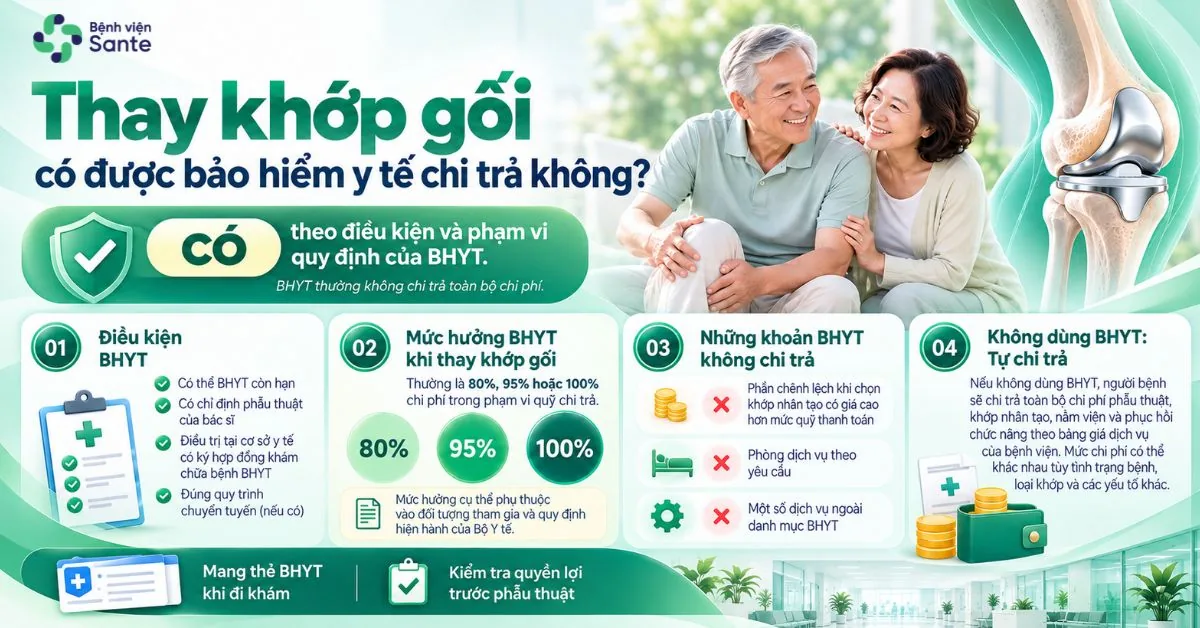 Bệnh viện Sante - Thay Khớp Gối Hết Bao Nhiêu Tiền? Chi Phí Và Mức BHYT Chi Trả 2026 (Hình 3) Infographic: Health insurance reimbursement framework for knee replacement: covered benefits list and patient co-payment obligations